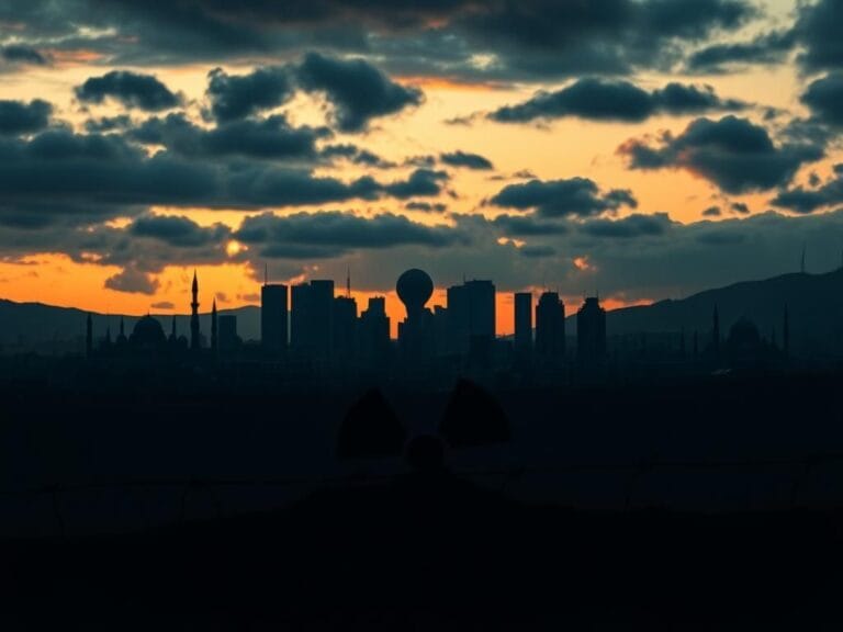 Flick International Dramatic twilight skyline of Tehran with abstract nuclear symbol and barbed wire