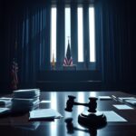 Flick International Dramatic courtroom scene with an empty bench and American flag symbolizing judicial decisions
