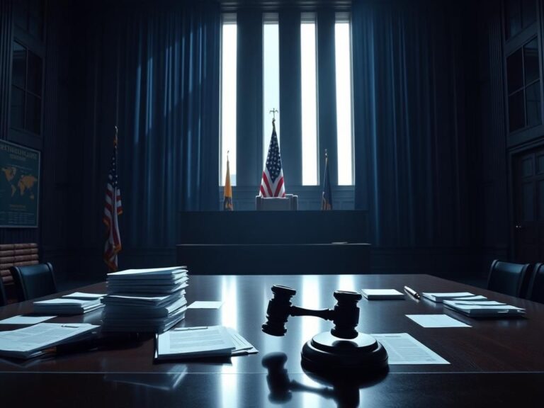 Flick International Dramatic courtroom scene with an empty bench and American flag symbolizing judicial decisions