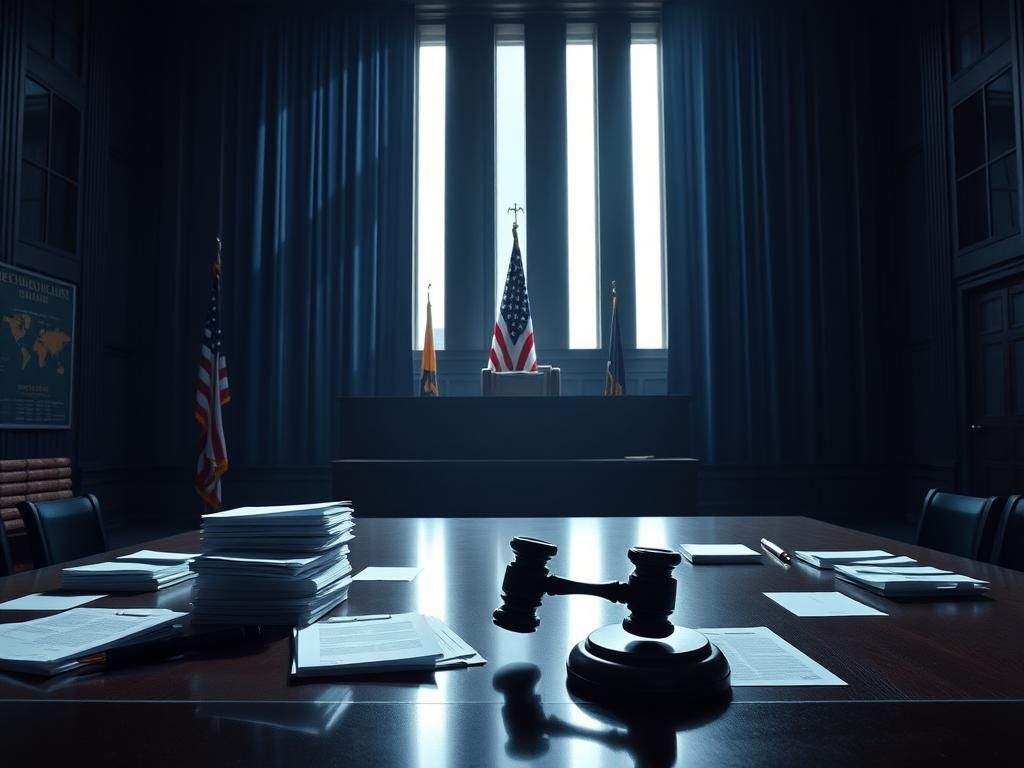 Flick International Dramatic courtroom scene with an empty bench and American flag symbolizing judicial decisions