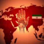 Flick International Conceptual image of a world map focusing on the Middle East with a crystal hand representing China.