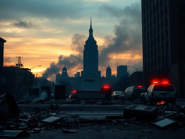 Flick International Aftermath of civil unrest in a city street with debris and smoke