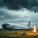 Flick International A partially wrecked airplane fuselage in a field surrounded by debris and a flickering flame