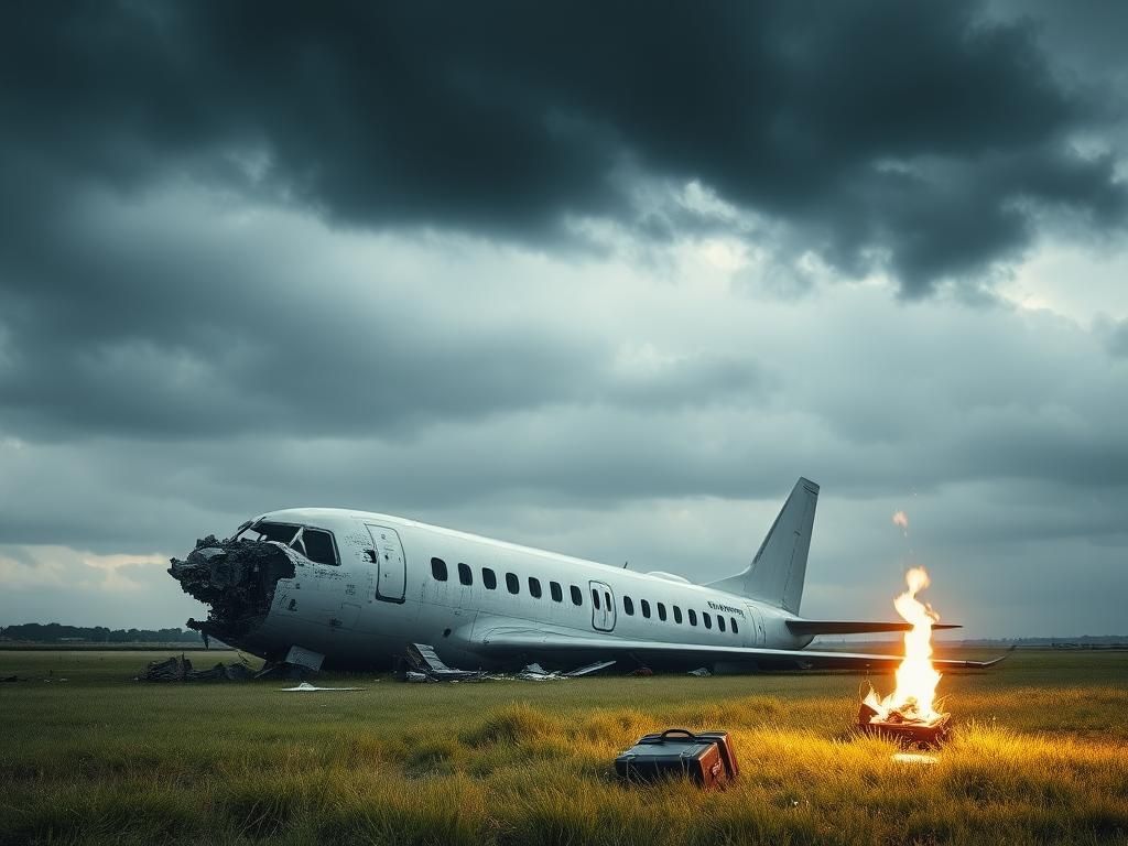 Flick International A partially wrecked airplane fuselage in a field surrounded by debris and a flickering flame