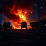 Flick International Nighttime scene depicting chaos and unrest in a city street during riots with flames and smoke.