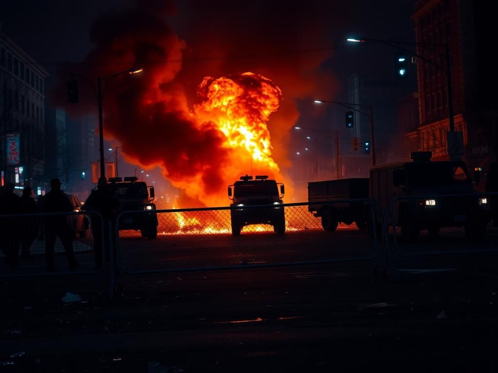 Flick International Nighttime scene depicting chaos and unrest in a city street during riots with flames and smoke.