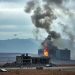 Flick International aftermath of an airstrike on an Iranian nuclear facility with smoke and flames
