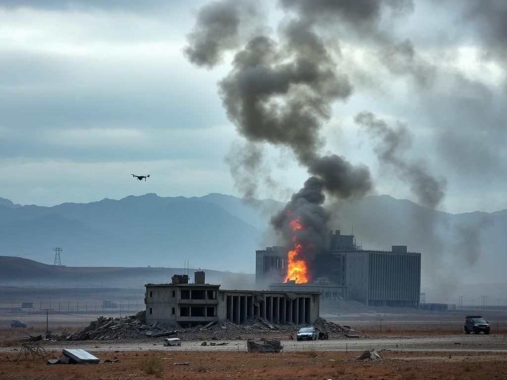 Flick International aftermath of an airstrike on an Iranian nuclear facility with smoke and flames