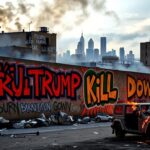 Flick International Graffiti covered wall in downtown Los Angeles with threats against President Trump