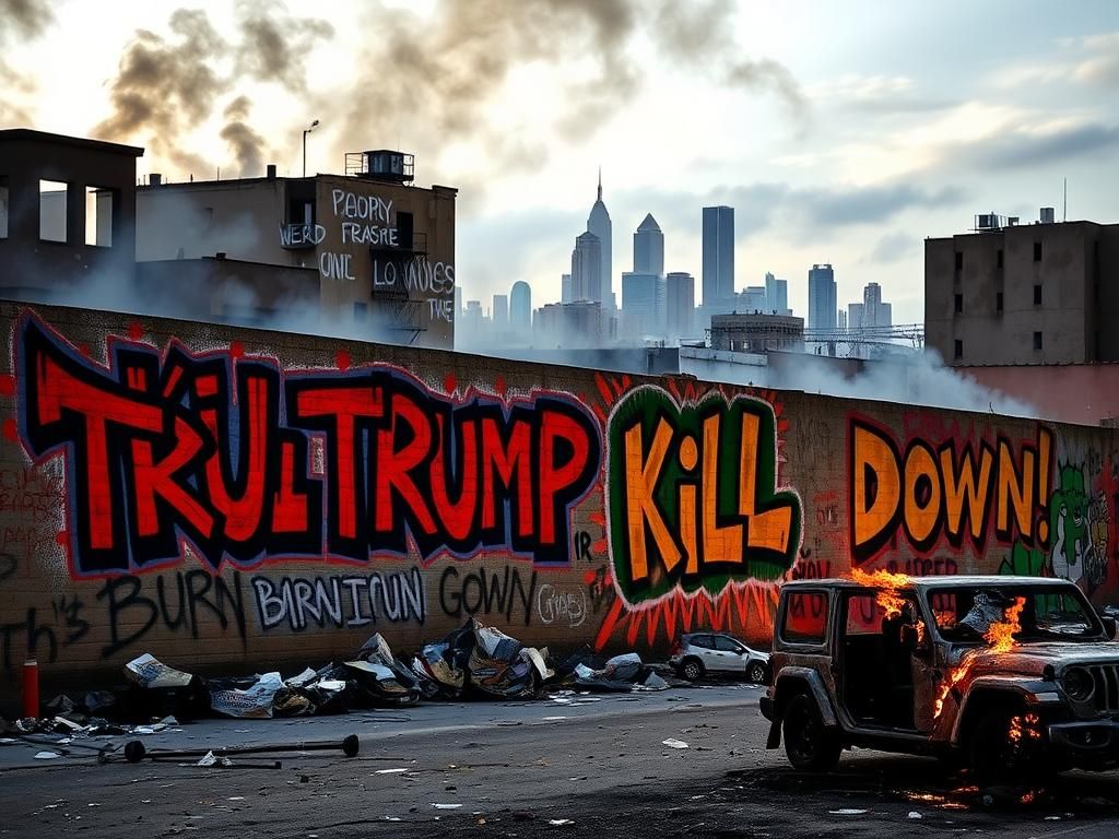Flick International Graffiti covered wall in downtown Los Angeles with threats against President Trump