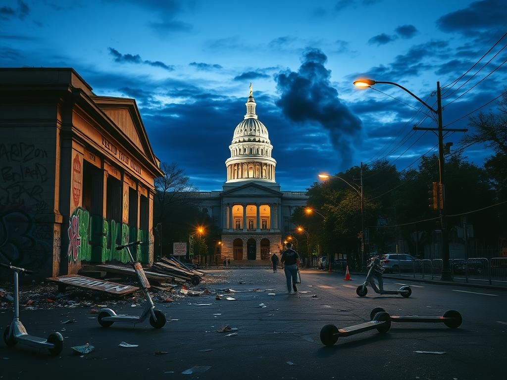 Flick International Aftermath of a riot with defaced federal building and debris in the foreground