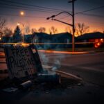Flick International Dimly lit street corner in Colorado Springs showing charred remnants and a burnt sign