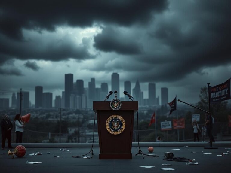 Flick International High-contrast urban scene of a deserted press conference podium with government seals in Los Angeles skyline