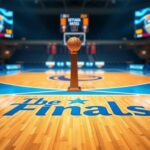 Flick International A vibrant basketball court scene featuring a virtual Larry O'Brien Trophy and the text 'The Finals'