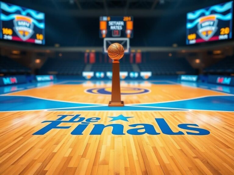 Flick International A vibrant basketball court scene featuring a virtual Larry O'Brien Trophy and the text 'The Finals'