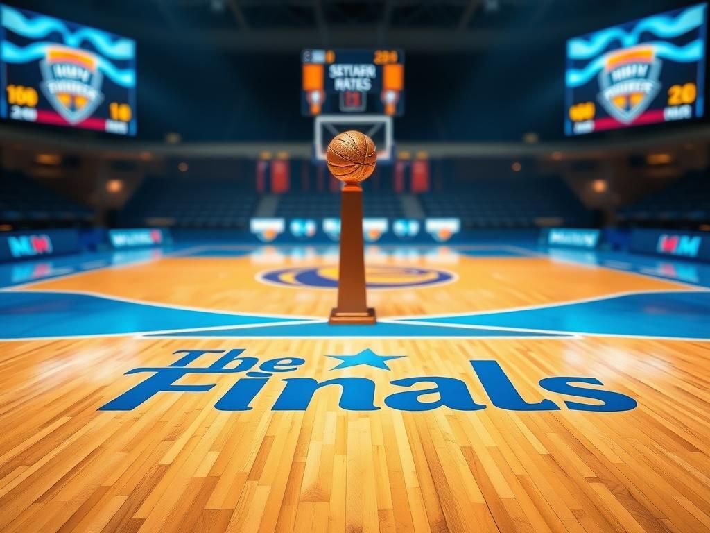 Flick International A vibrant basketball court scene featuring a virtual Larry O'Brien Trophy and the text 'The Finals'