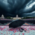 Flick International Aerial view of a military parade setting in Washington, D.C. with empty bleachers and ominous storm clouds overhead.