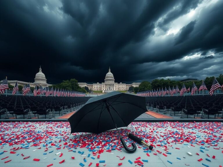 Flick International Aerial view of a military parade setting in Washington, D.C. with empty bleachers and ominous storm clouds overhead.