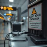 Flick International Close-up of an airport charging station with warning sign about juice jacking risks