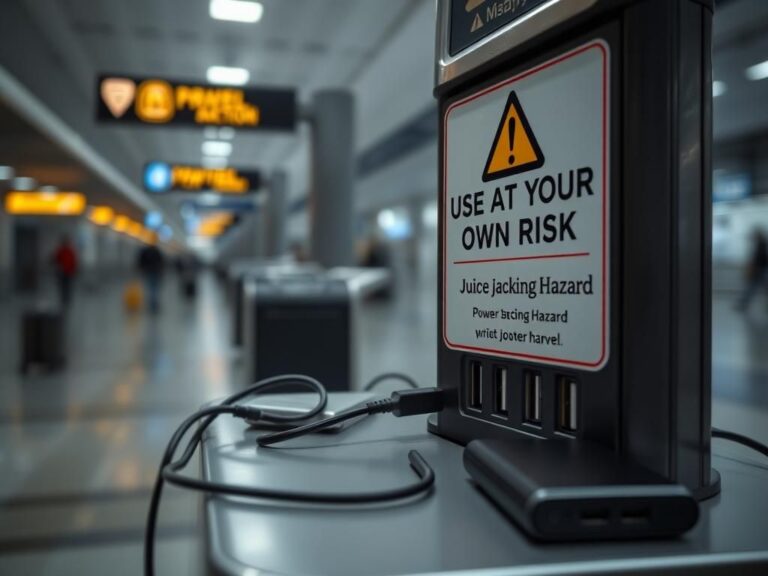 Flick International Close-up of an airport charging station with warning sign about juice jacking risks