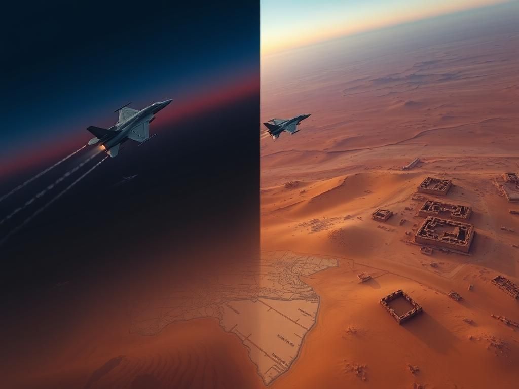 Flick International Aerial view depicting military aircraft over a divided landscape symbolizing geopolitical tensions
