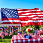 Flick International A vibrantly decorated scene showcasing an American flag with bunting and festive elements on Flag Day.