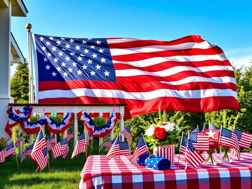 Flick International A vibrantly decorated scene showcasing an American flag with bunting and festive elements on Flag Day.