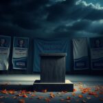 Flick International Deserted political rally stage with an empty podium and faded Democratic campaign posters