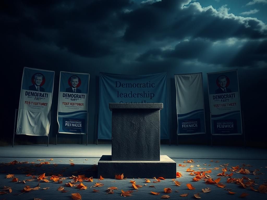 Flick International Deserted political rally stage with an empty podium and faded Democratic campaign posters