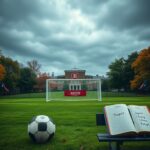 Flick International Dramatic scene of Boston University soccer field with empty goal and abandoned soccer ball