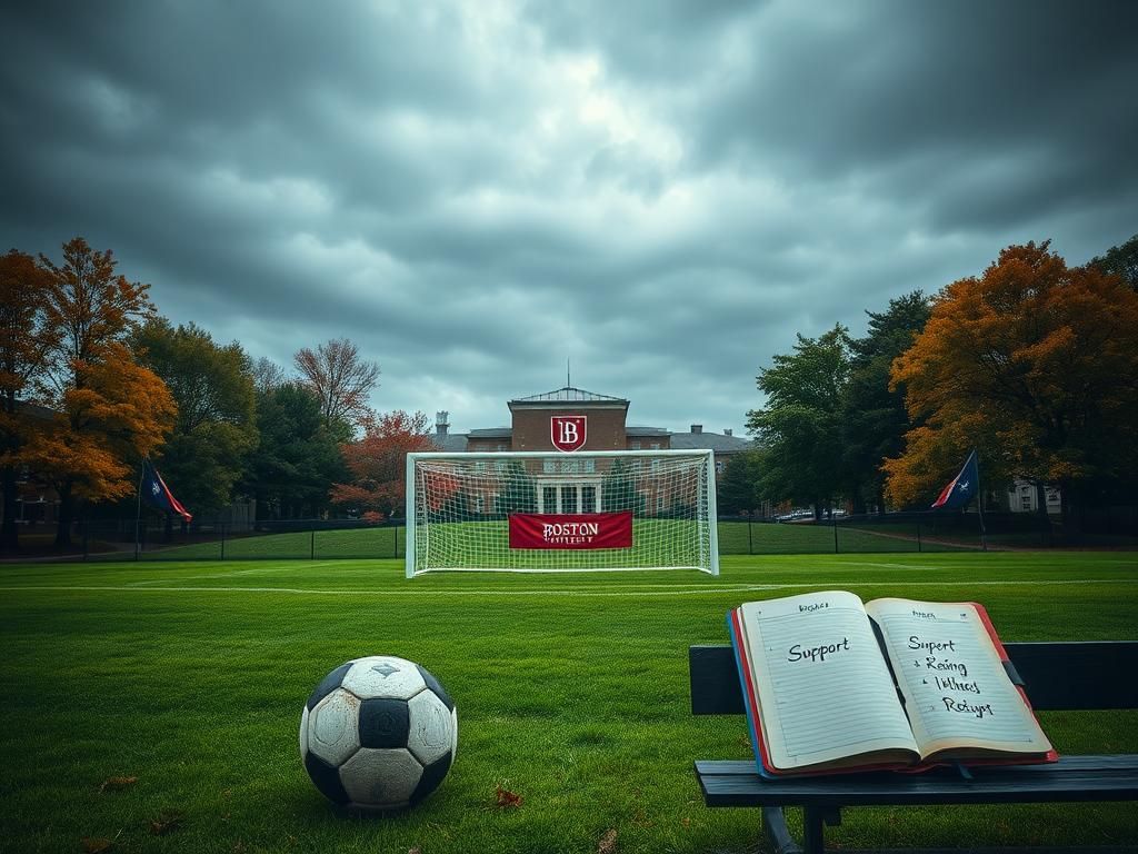 Flick International Dramatic scene of Boston University soccer field with empty goal and abandoned soccer ball