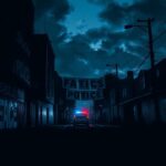 Flick International Nighttime urban scene illustrating the tension following a recent terrorist attack in Colorado, featuring dark buildings and symbols of hope.