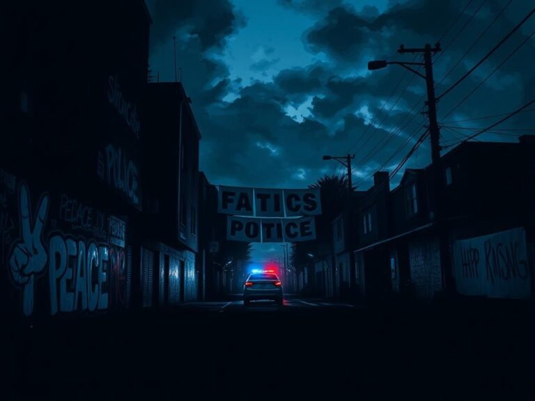 Flick International Nighttime urban scene illustrating the tension following a recent terrorist attack in Colorado, featuring dark buildings and symbols of hope.