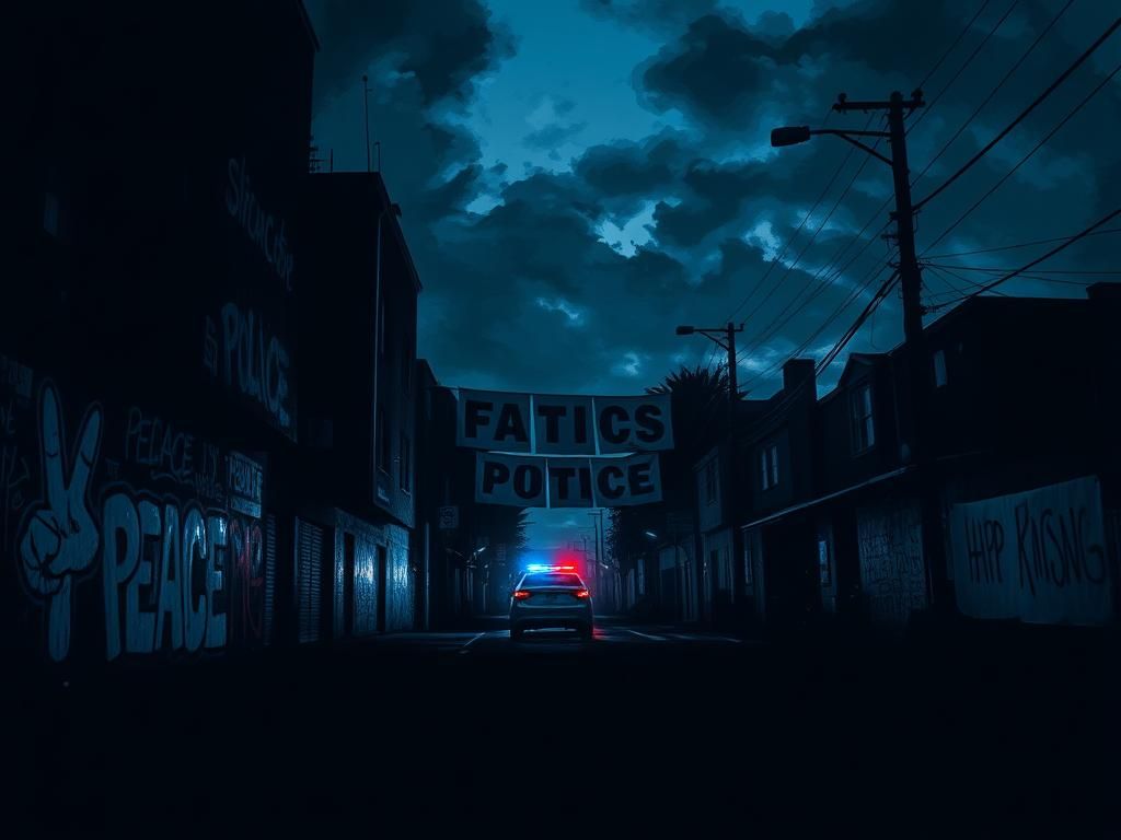 Flick International Nighttime urban scene illustrating the tension following a recent terrorist attack in Colorado, featuring dark buildings and symbols of hope.