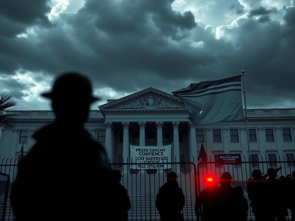 Flick International tense scene outside a government building with security barriers