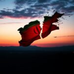 Flick International Abstract representation of a fractured Iranian flag against a twilight sky over a Middle Eastern cityscape