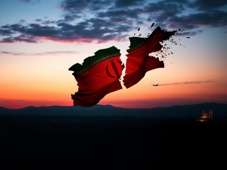 Flick International Abstract representation of a fractured Iranian flag against a twilight sky over a Middle Eastern cityscape