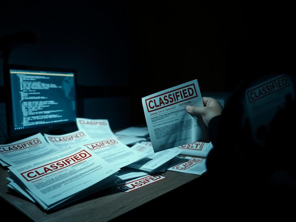 Flick International A darkened office space filled with classified documents and a looming security camera symbolizing surveillance.
