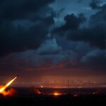 Flick International Dramatic night sky over city skyline with storm clouds and explosions