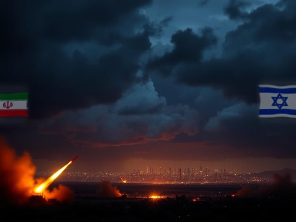 Flick International Dramatic night sky over city skyline with storm clouds and explosions