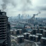 Flick International Aerial view of a devastated urban landscape in Tehran after airstrikes