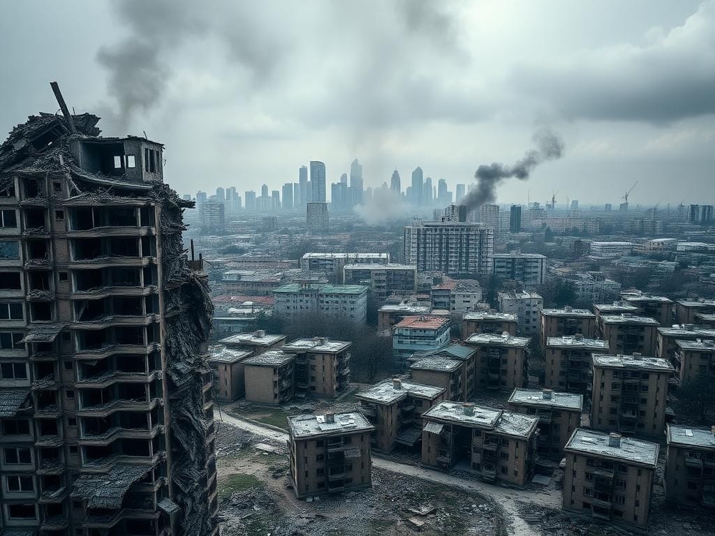 Flick International Aerial view of a devastated urban landscape in Tehran after airstrikes