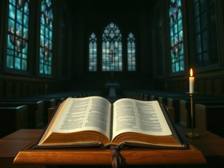 Flick International A dark, somber church sanctuary with stained glass windows and an open Bible on a lectern