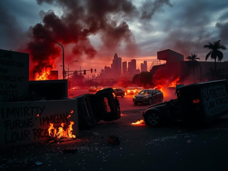 Flick International Aftermath of a chaotic protest in Los Angeles with overturned vehicles and flames
