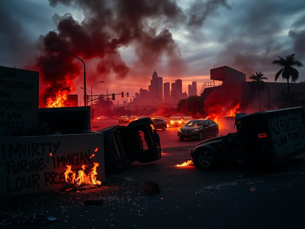 Flick International Aftermath of a chaotic protest in Los Angeles with overturned vehicles and flames