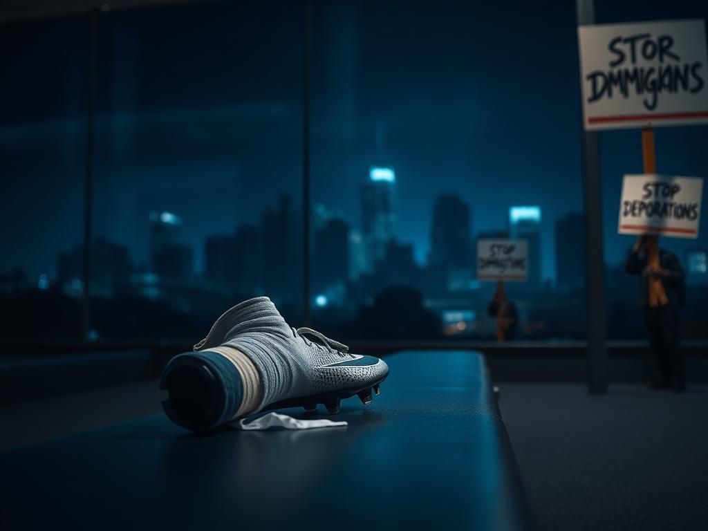 Flick International A football player's cleat resting on a gym bench, symbolizing recovery from injury amidst societal challenges.
