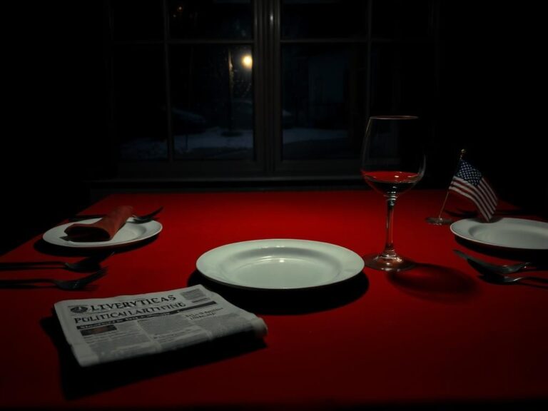 Flick International A stark dinner table scene symbolizing political tension with an empty plate and a half-filled wine glass