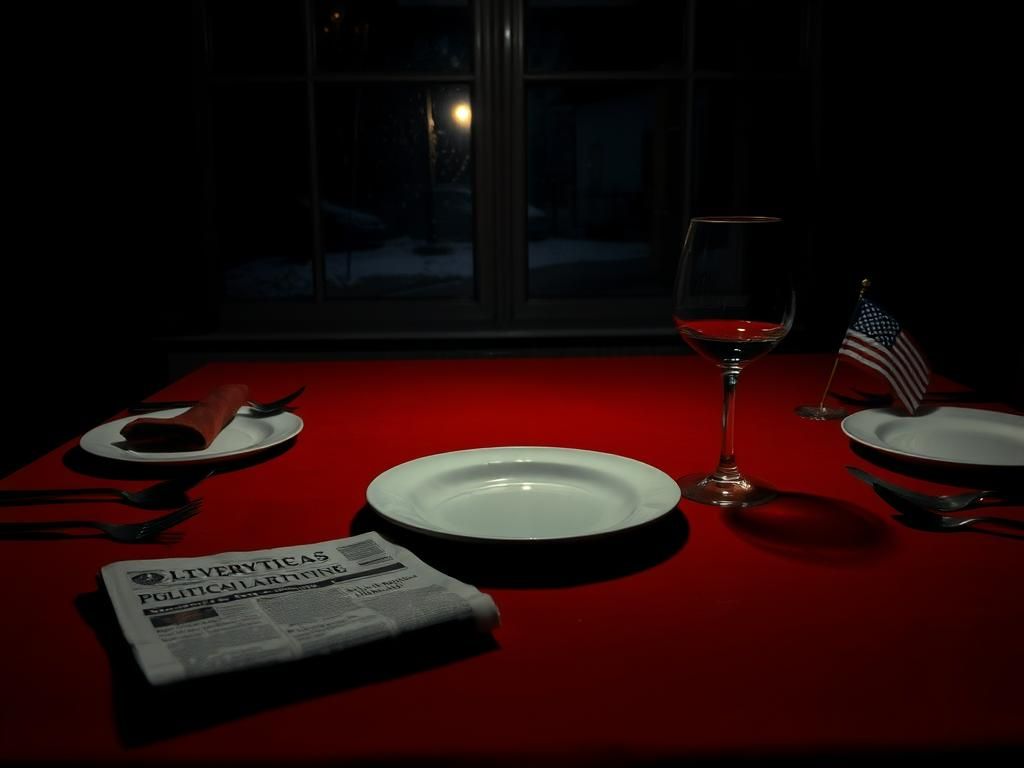 Flick International A stark dinner table scene symbolizing political tension with an empty plate and a half-filled wine glass