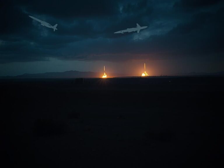 Flick International Dramatic nighttime scene of a barren Middle Eastern landscape with military structures hinting at tension