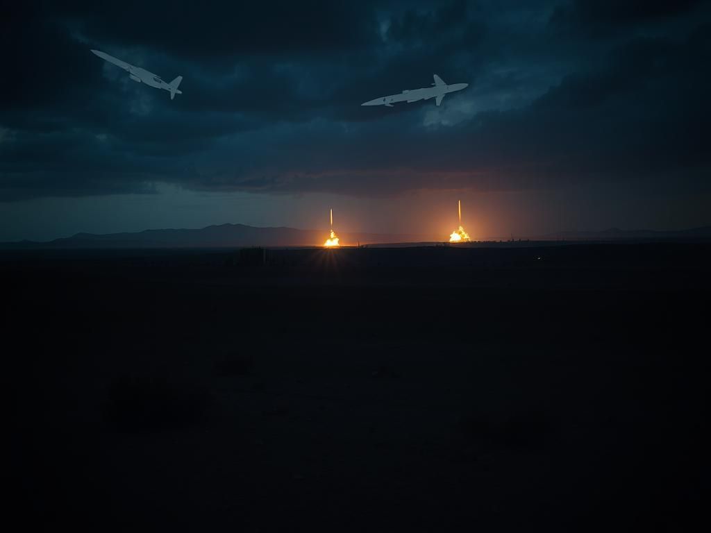 Flick International Dramatic nighttime scene of a barren Middle Eastern landscape with military structures hinting at tension